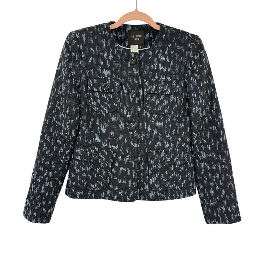Helene London Collarless Blazer Small Blue Metallic Patterned Full Button Front
